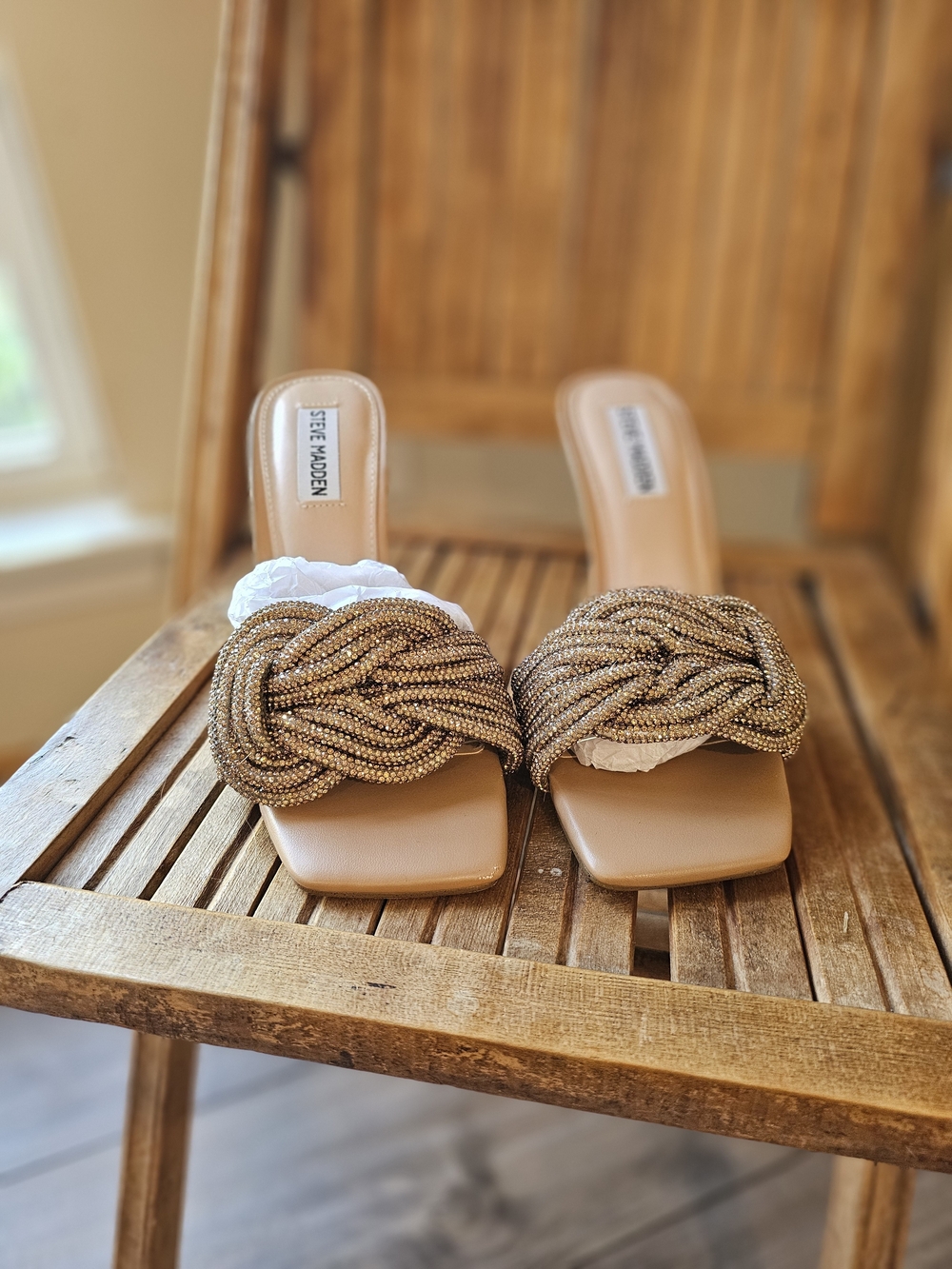 Steve Madden Applaud Women's Beaded Knot Slide Sandals in Gold 8M